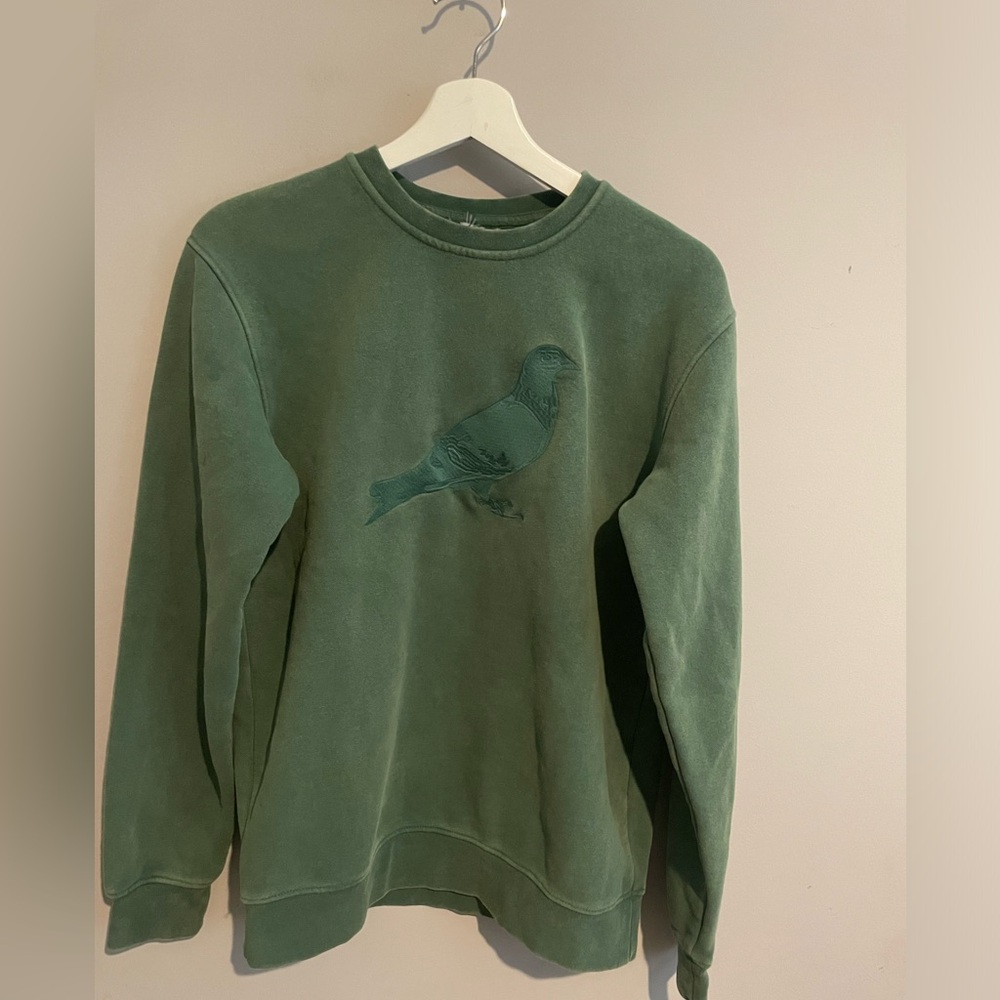 Green acid wash look Crewneck‎ Fleece Sweater Size XS/S embroidered pigeon